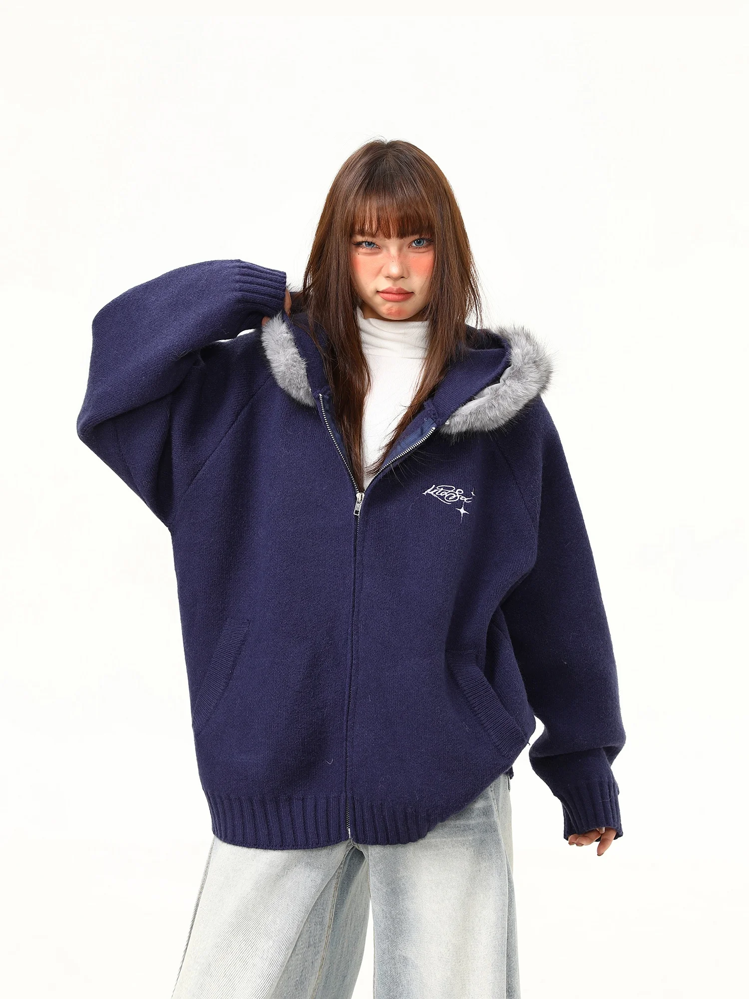 

Женский свободный вязаный свитер-пальто в американском ретро-стиле с капюшоном и меховым воротником для осени и зимы, уличная мода