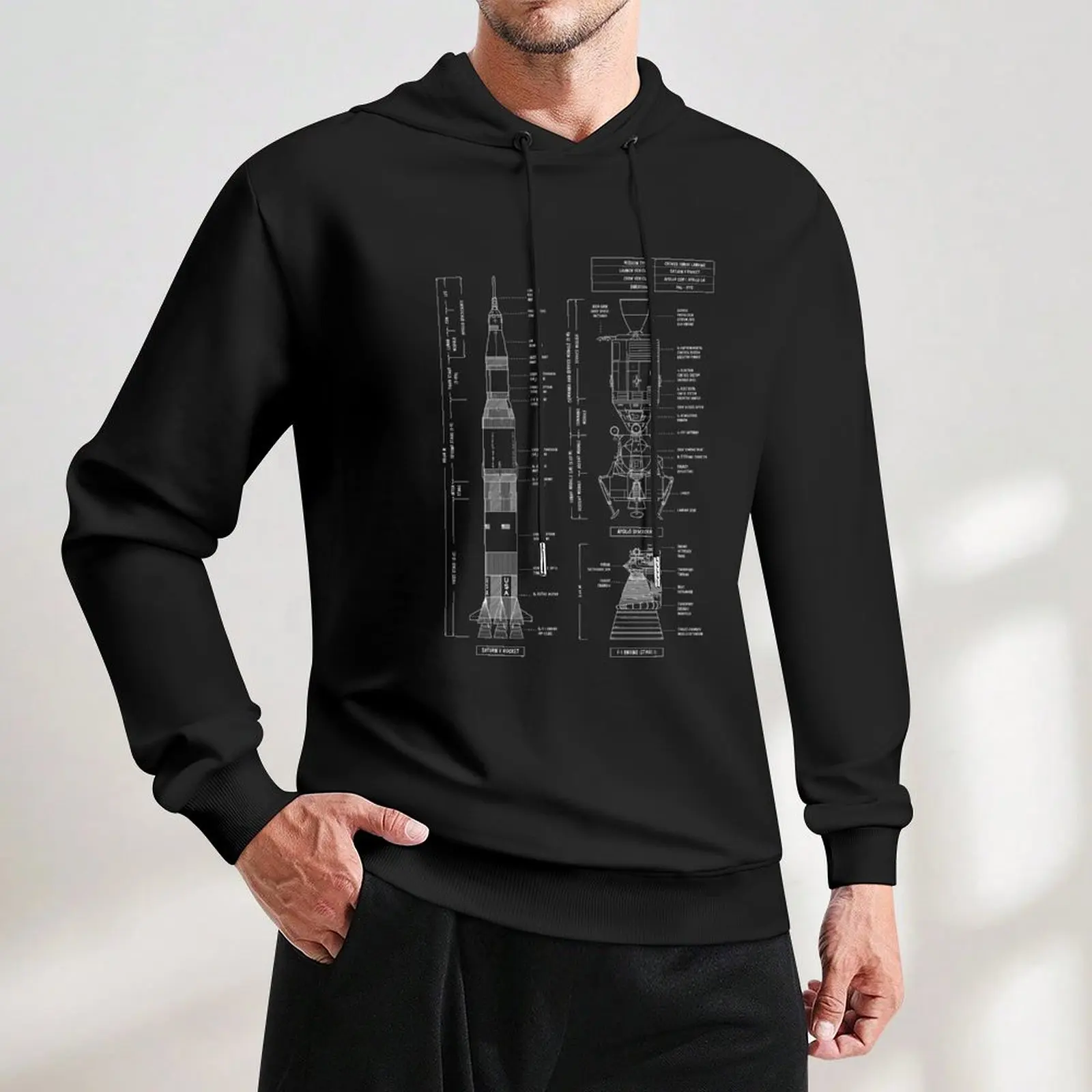 Saturn V / Apollo Crewed Lunar Expedition (White Stencil - No Background. Vertical) Pullover Hoodie