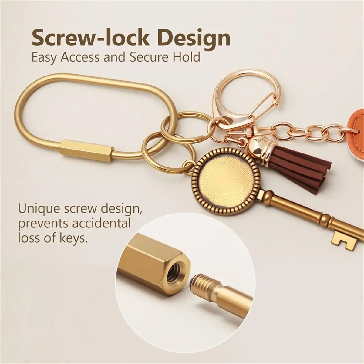 A78I 8 Pcs Gold Carabiner Keychain with 16 O-Rings,Brass Locking Carabiner Key Rings,Charm Holder with Security Lock