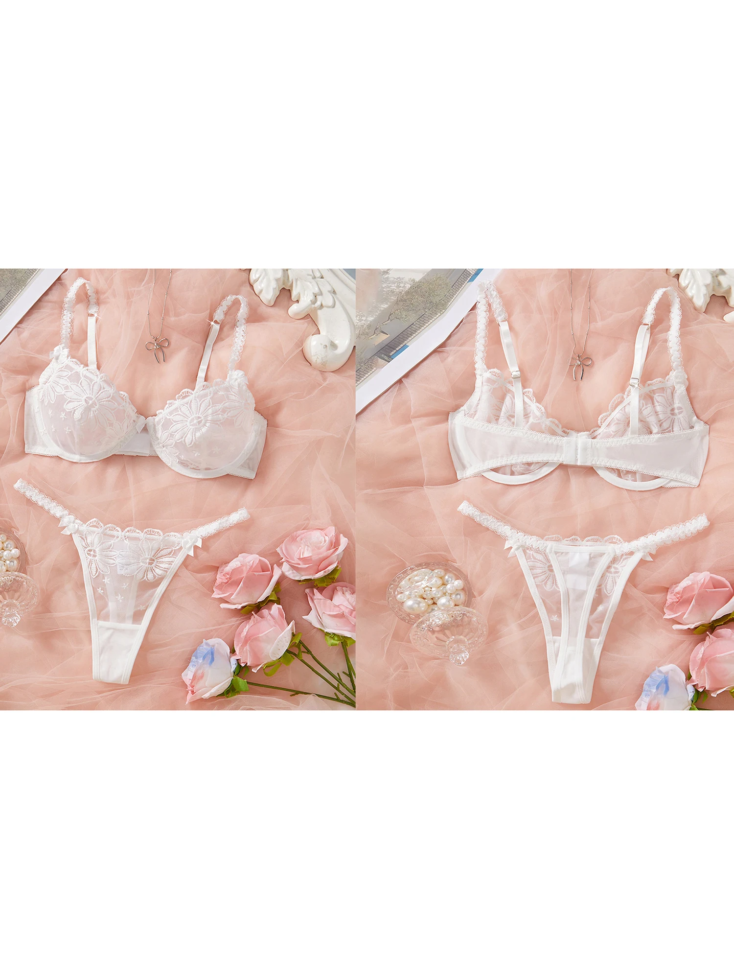 Set di lingerie sexy in pizzo Set di reggiseno e slip ricamati floreali con cintura a vita bassa Intimo intimo da donna in 2 pezzi
