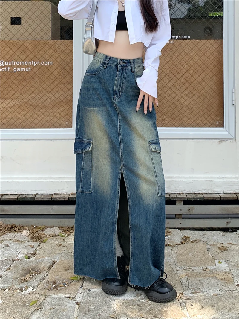 Vintage Women's Denim A-line Long Skirts Y2k Girls Korean Style Elegant Harajuku  Skirt 2023 Summer 90s Clothes