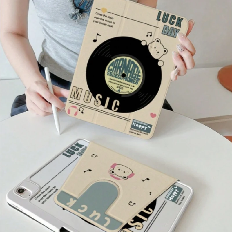 Rotation Cover for IPad Air 6 Case IPad 10th Gen Air 5th 4th 10.9 Pro11 2nd 3rd 4th IPad 10.2 7th 9th 8th Gramophone Record Bear