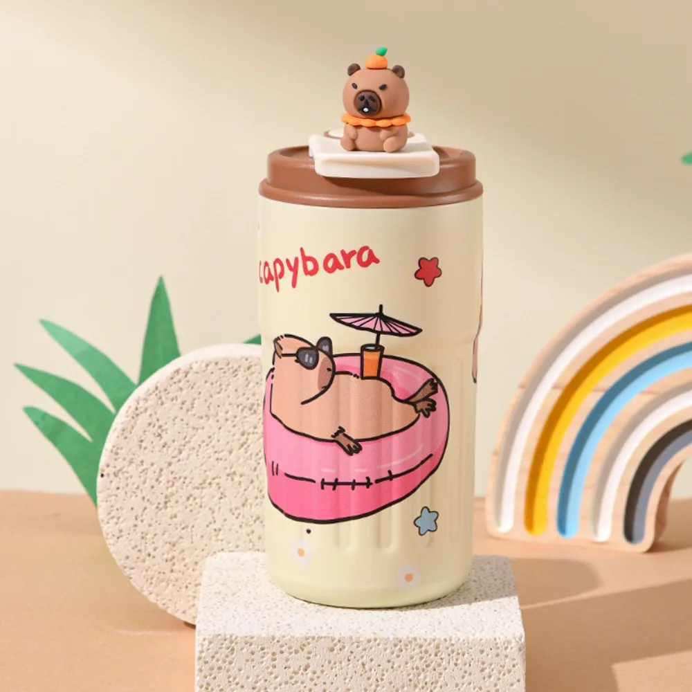 

Cute Stainless Steel Capybara Coffee Cup with Straw Leak-Proof Insulated Water Bottle Lanyard Thermal Car Cup Gifts