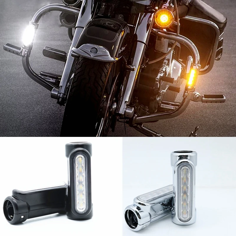 

Pop Black/chrome Motorcycle Highway Bar Switchback Turn Signal Light White Amber LED For Crash Bars For Harley Touring Victory