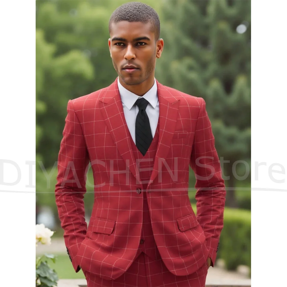 Conjunto de terno masculino com padrão de grade vermelha, chique, negócios, casual, festa de casamento, baile, slim fit, blazer, colete, calças, ternos para homens, 3 peças