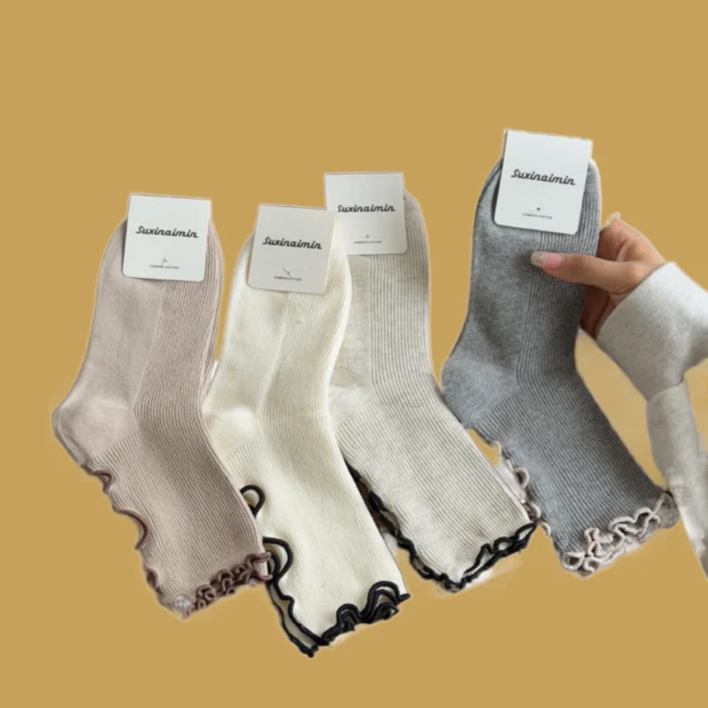 

3/6 Pairs 2024 New Wood Ear Socks Women's Solid Color Middle Tube Socks Lace Versatile Cotton Socks Retro Pile Socks