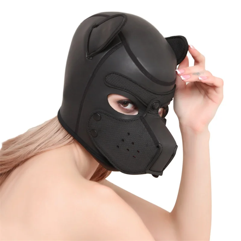 Black Brand New Increase Large Size Puppy Cosplay Padded Rubber Full Head Exotic Costumes Bondage Hood Mask Collar For Men Women