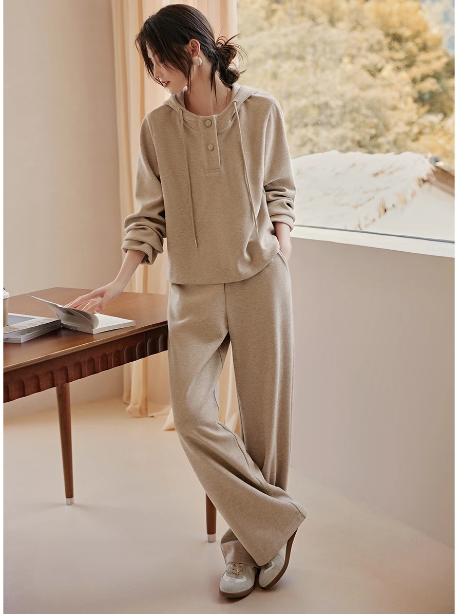 Knitted Tracksuit Set for Women Warm Hooded Pullover Jogging Pant Suits Casual Wide-leg Pants Winter and Autumn 2-Piece