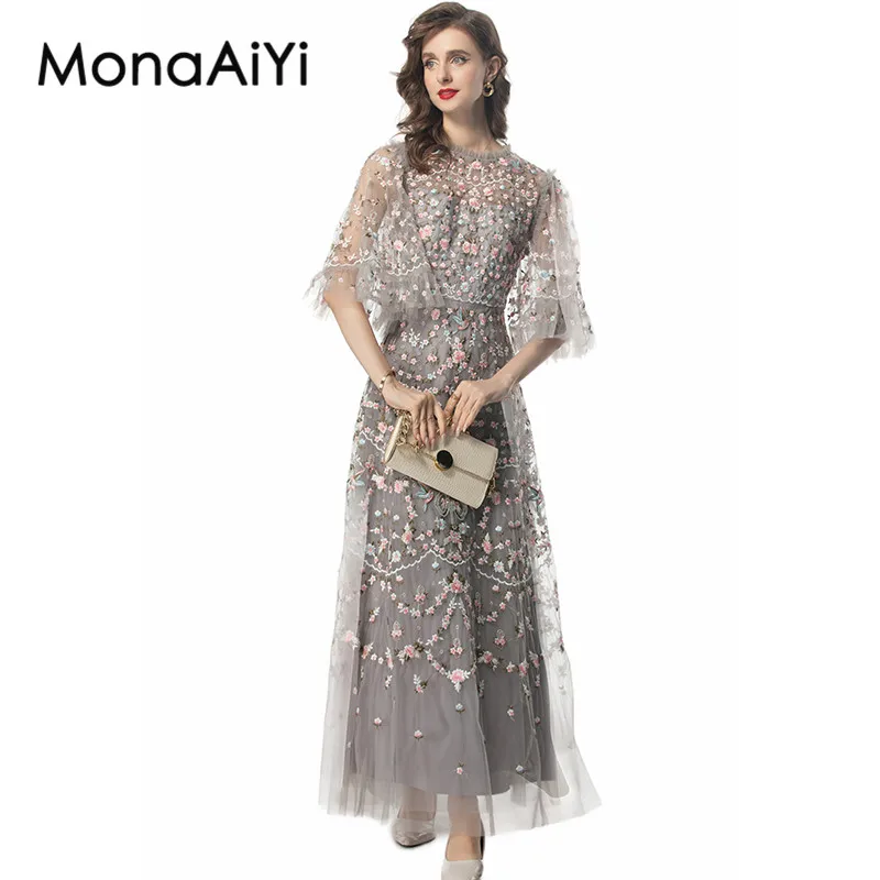 

MonaAiYi Summer Women's Dress Flare Sleeved Fashion Mesh Embroidery Design Comfortable Temperament Party Dresses