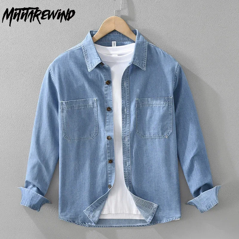 

Korean Fashion Men Denim Shirt Long Sleeve Streetwear Vintage Jean Shirts Male New Lapel Double Pockets Cowboy Top Casual Shirts