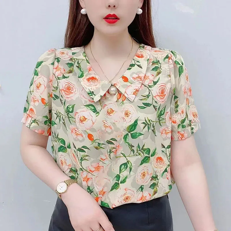 Vintage Printed Peter Pan Collar Floral Chiffon Blouse Women\'s Clothing 2024 Summer New Oversized Casual Pullovers Beading Shirt