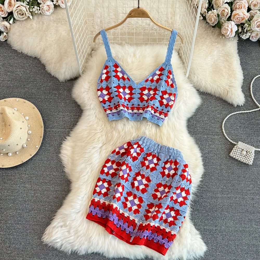 2023 New Summer Beach Vacation Women Skirt Suits Fashion Mixed Color Knitted Lace Sexy Camisole And Mini Skirt Two Piece Set