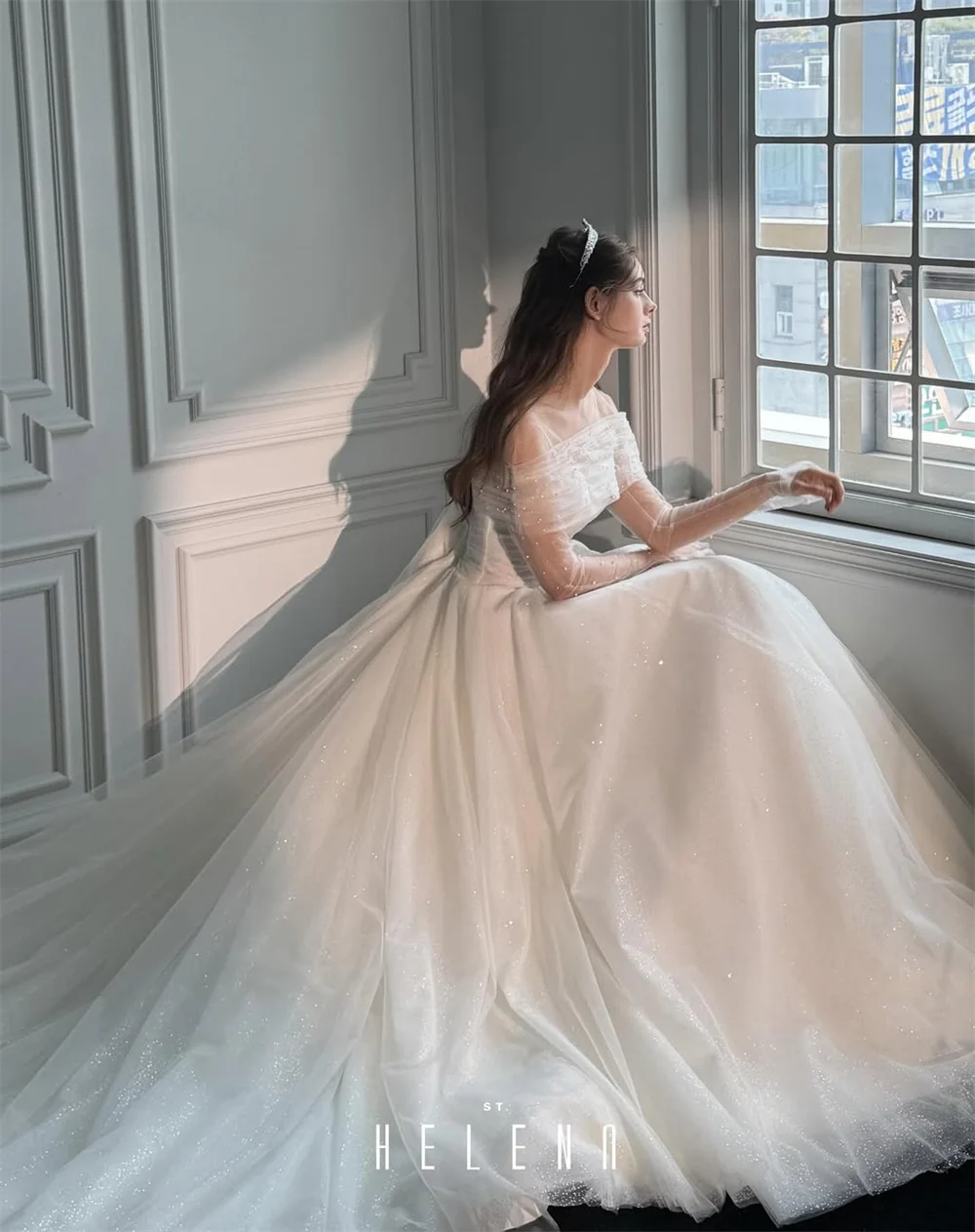 SPRAYING Luxury Sparkly Tulle Wedding Dress Strapless Shawl Long Sleeve Bridal Gowns A line Long Robe De Mariée Customized 2025