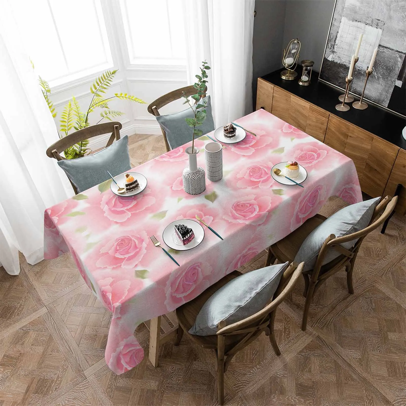 Pink Flower Roses Texture Tablecloth Wedding Decoration Waterproof Tablecloth Home Kitchen Decor Table Cover