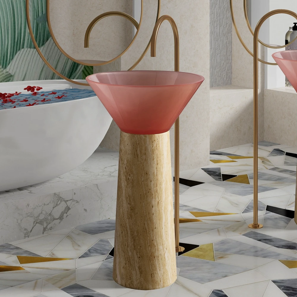 S*& Designer's Favorite Bathroom Basin PInk Resin Wash Basin Transparent Wash Basin with Artificial Stone Pedestal Wash Sink