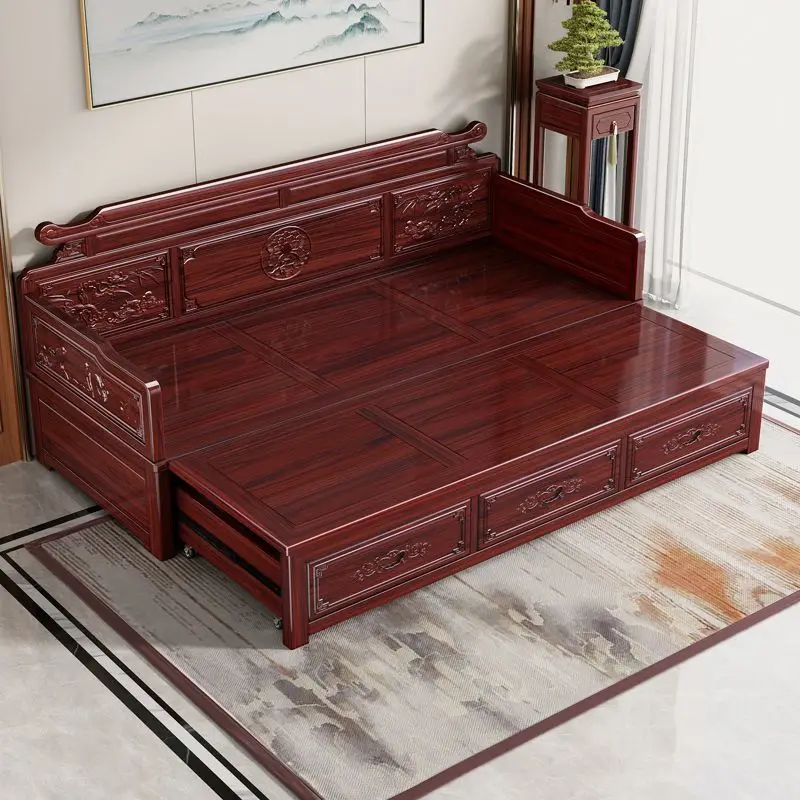 New Chinese solid wood Arhat bed Sourdough wood living room multi-functional folding sliding sofa bed dual-purpose
