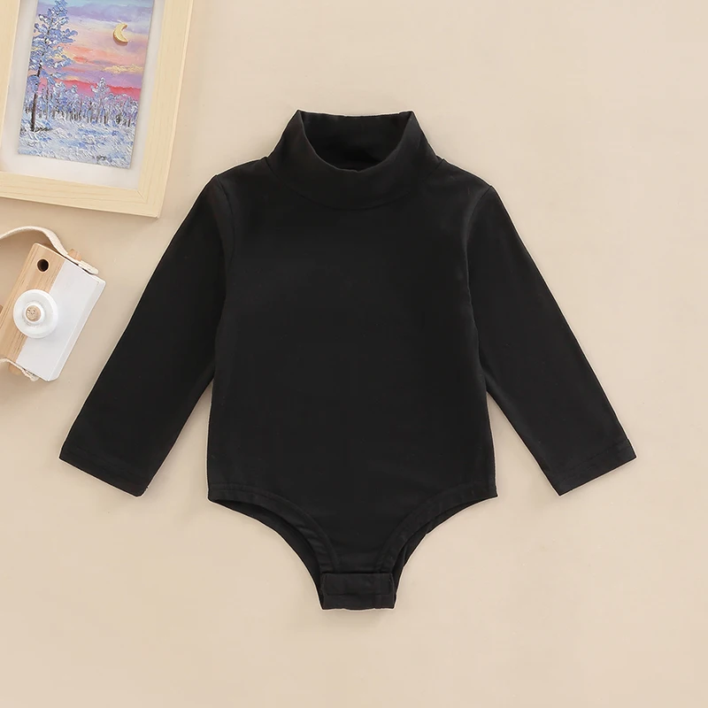 0-24M Baby Boys Girls Romper Toddler Infant Solid Color Long Sleeve Turtleneck High Stretch Bodysuit