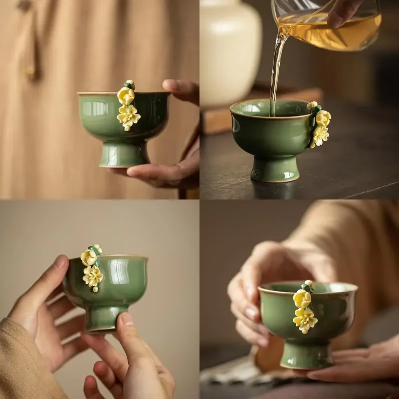 

【CHIMU HOME】 Retro Goblet Teacup for Kung Fu Set Ceramic Handmade Pinch Flower Small Master Cup Bowl