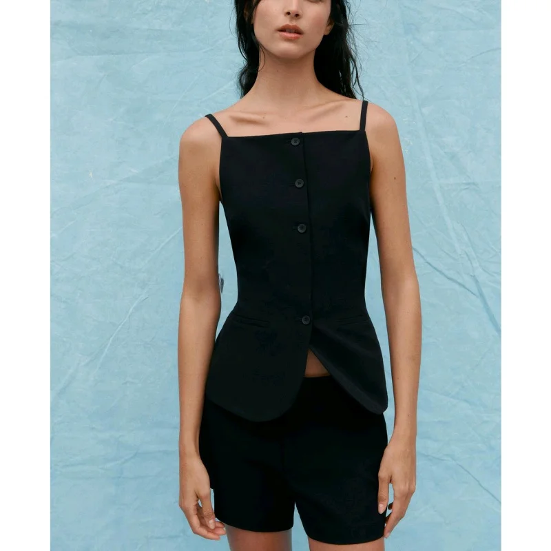 Conjunto de Dos Piezas para Mujer, Estilo Casual, Top Tipo Ceco de Lino, Plones Cortos de Cintura Media, Cuello Redond...