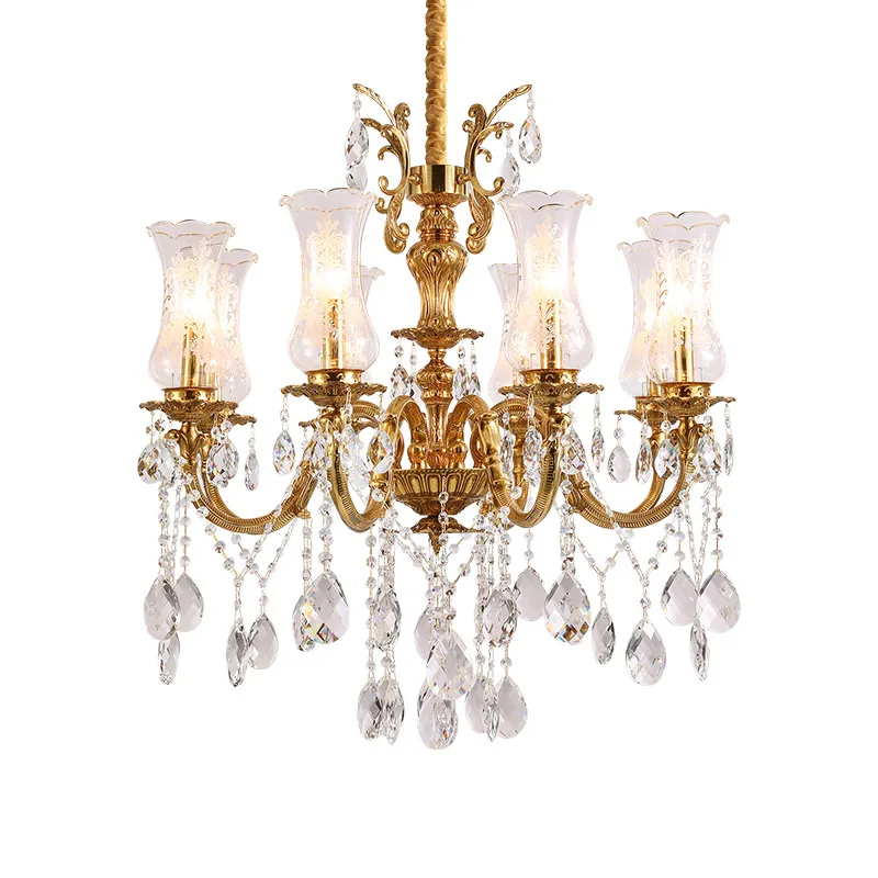 

European Retro Brass Crystal Pendant Lights French Wedding Decor Foyer Living Room Dinning Table Copper Glass Chandelier