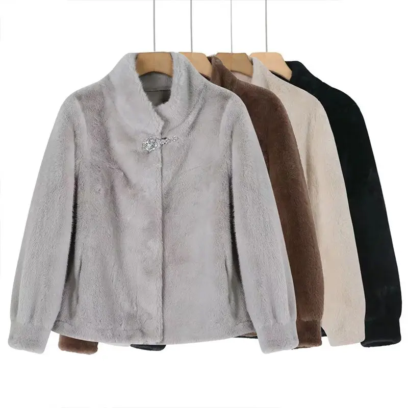 العلامة التجارية الفاخرة معطف فرو المنك قصيرة فو الفراء سترة المرأة الاتجاه الراقية معطف الخريف الشتاء زر الجبهة طويلة الأكمام يندبروف معاطف