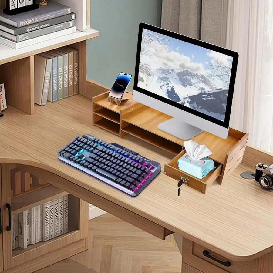Computer Monitor Stand, Tabletop Computer Rack With Lockable Drawer, Wood Monitor Stand, Suitable For Study, Office, And Desk [U