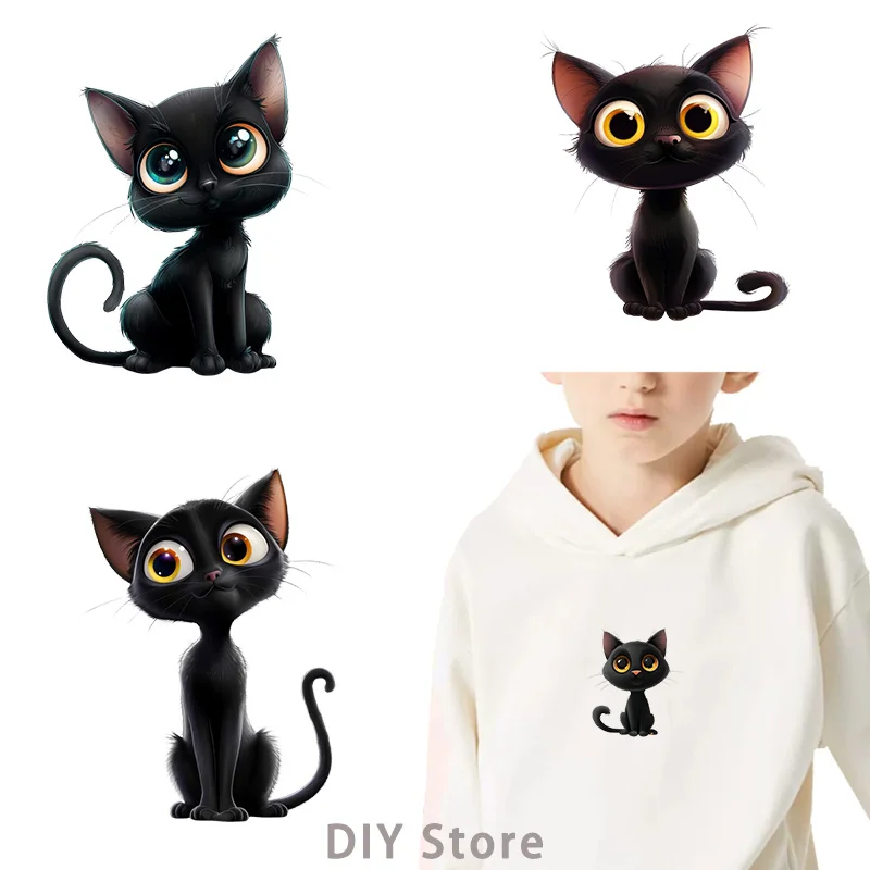 Big eyes black cat dtf patches for clothing Heat Transfer Patches Stickers Thermal for Clothing iron on heat transfer.