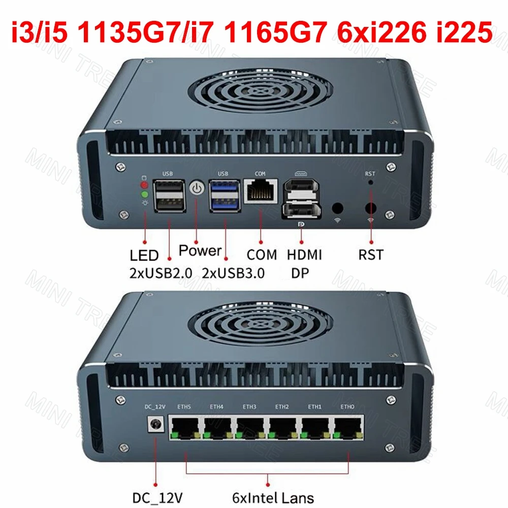 Intel N100 Industrial Computer Gateway Firewall Router 6xi226-V 2.5G Fan Mini PC Computer Proxmox Host Core i7-1185G7 4*USB3.0