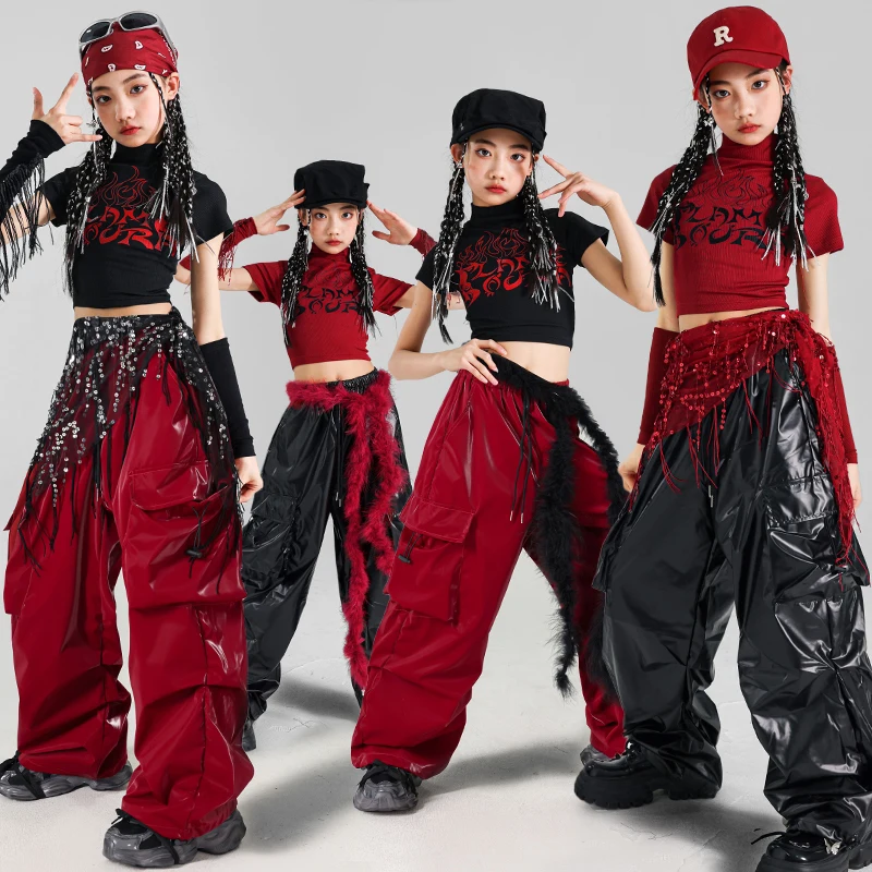 Hip Hop Mädchen Quasten Crop Top T-shirt Leder Hosen Street Dance Röcke Kinder K-pop Streetwear Kinder Jazz Kleidung Set kostüm