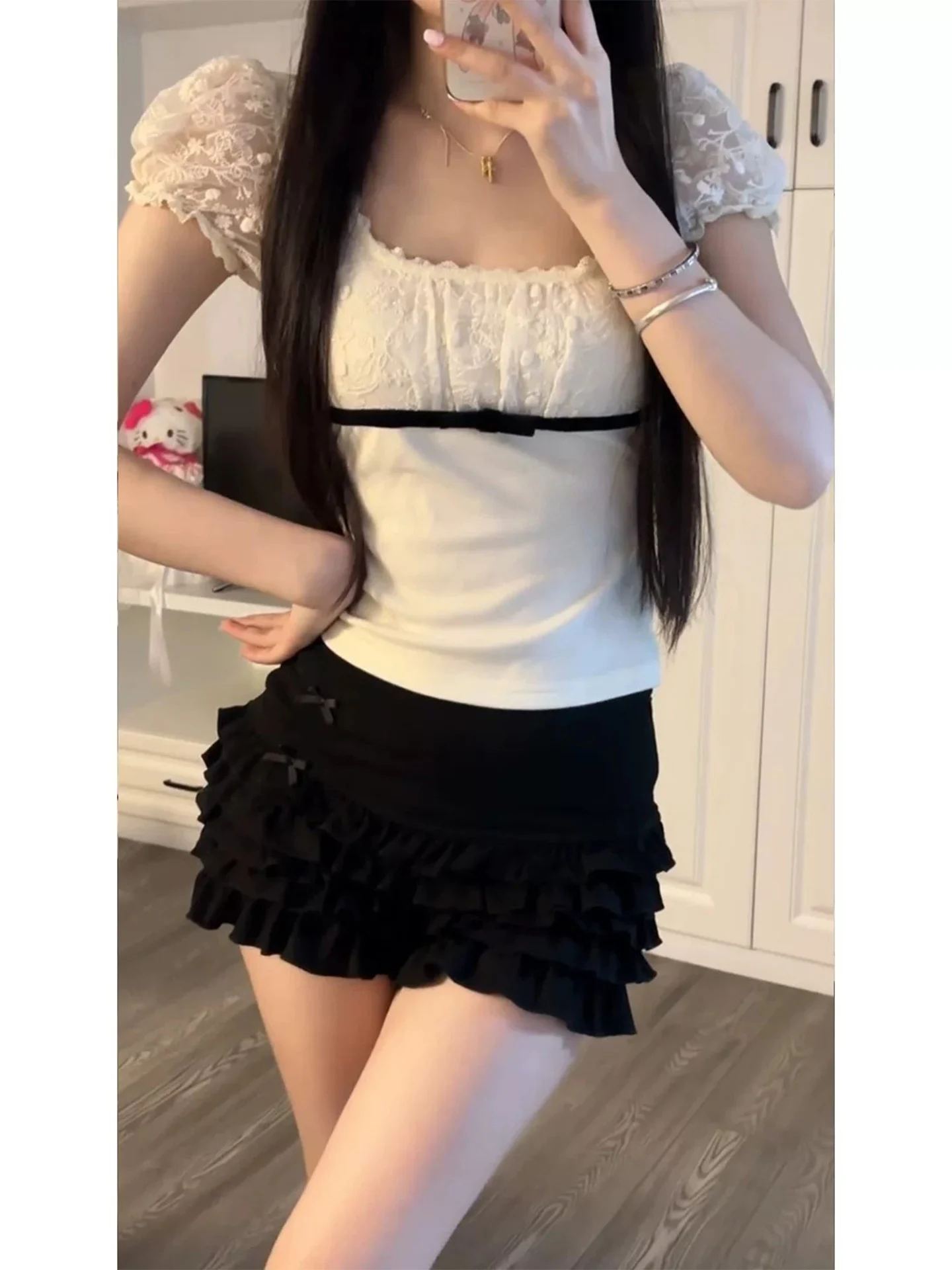 Black Bowknot Cake Skirt Women's Summer High Waist Wooden  Flounce Short A-Line  Skirt Breathable Casual Skirt