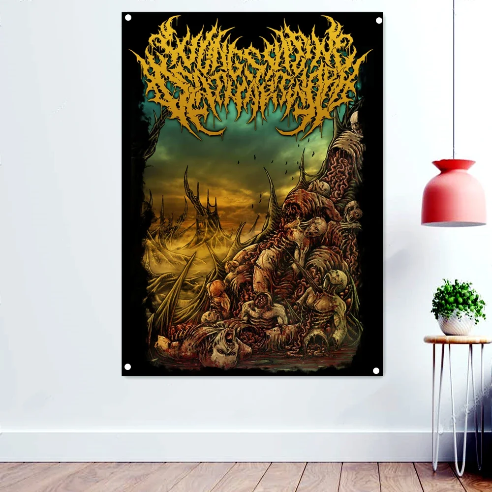 Horror Hell Wallpaper Devil Dark Rock Band Artworks Flags Canvas Printing Wall Hanging Brutal Heavy Metal Poster Tattoo Banners