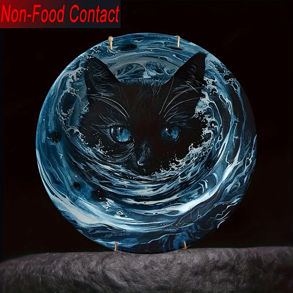 

1 шт. Элегантная керамическая настенная тарелка с голубыми глазами и черным котом — классическая круглая декоративная деталь для дома, гостиной, спальни, кабинета —