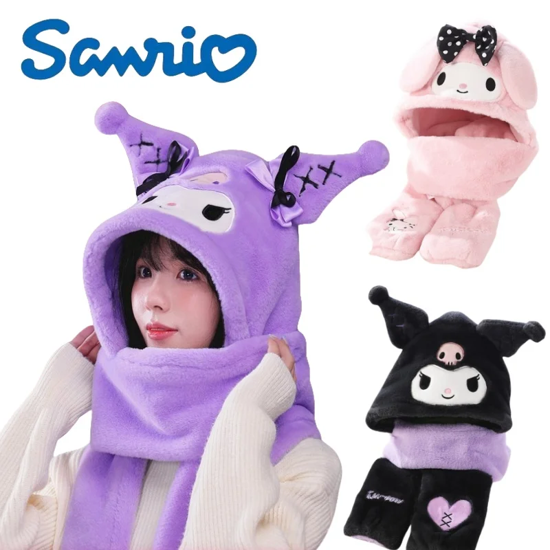 MINISO New Sanrio Series Girls Casual Plush Scarf Gloves Cartoon Kuromi Cold Insulation Three-Piece Set Fashion Gifts for Girls