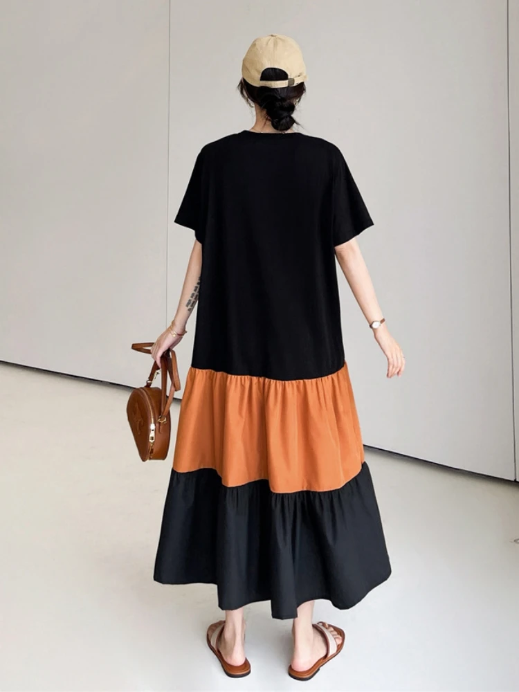 Summer Dress Loose Plus Size Black Patchwork Orange Hem Long Robe Elbise Short Sleeve Korean Style Woman Vaction Vestidos Dress
