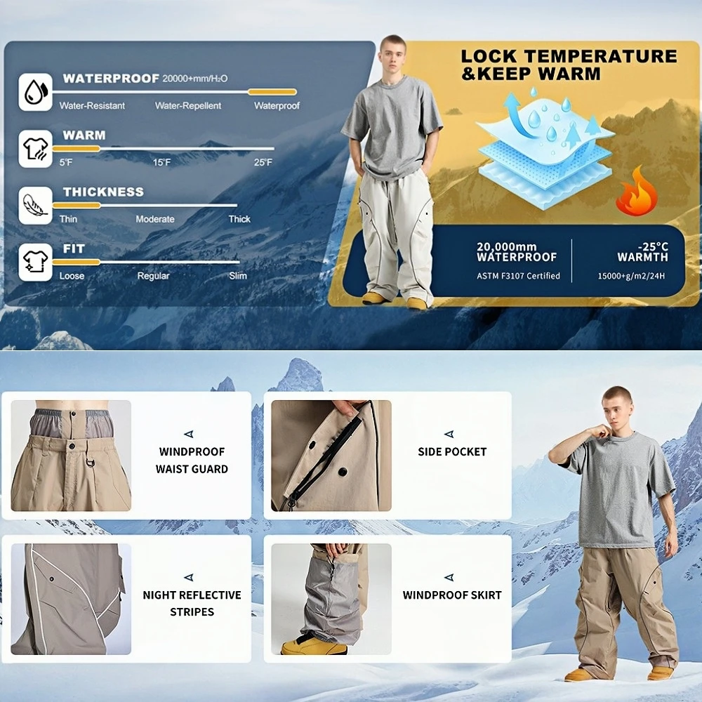 GSOU سنو شريط عاكس على الجليد السراويل سوبر فضفاض الرجال التزلج السراويل الدافئة معزول سراويل شتوية للجنسين ملابس مقاومة للماء #5