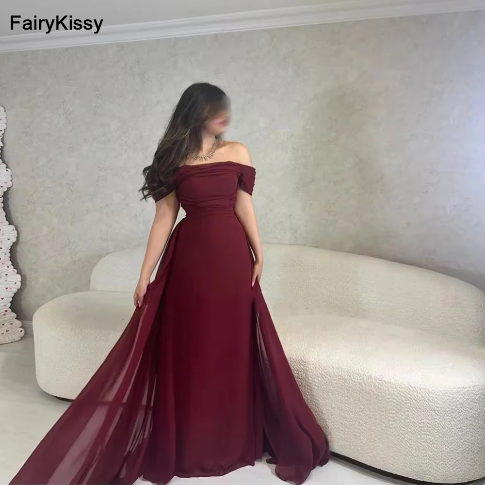 

FairyKissy Off Shoulder Prom Dress Floor Length for Women Burgundy Chiffon Evening Dresses Mermaid Wedding Party Dress