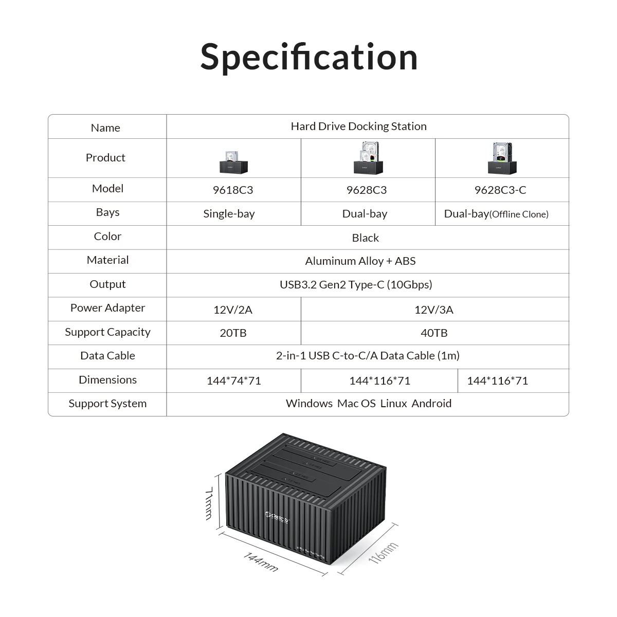 Orico 3,5 Zoll Dual-Bay Typ C 5 Gbit/s Festplatte Docking station für 2.5/3.5 "HDD/SSD mit 12 v3a Power Uasp Container Design – Detail 15