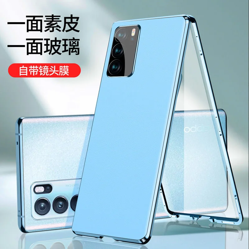 

360 Full Protection Metal Bumper Clear Front Glass Case for Oppo Reno 6 Pro 5G CPH2247 with Back PU Leather Cover Protector