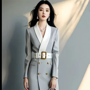 グレーの長袖スーツドレス,ハイエンドの気質,成熟した女性の感覚,手頃な価格の豪華さ,フォーマルな機会,秋,冬