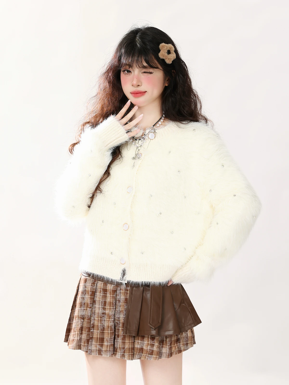 

ENJOG Жемчужный утепленный мягкий уютный свитер или кардиган для женщин, осенне-зимний, утолщенный, свободный, высококачественный, вязаный, открытый кардиган