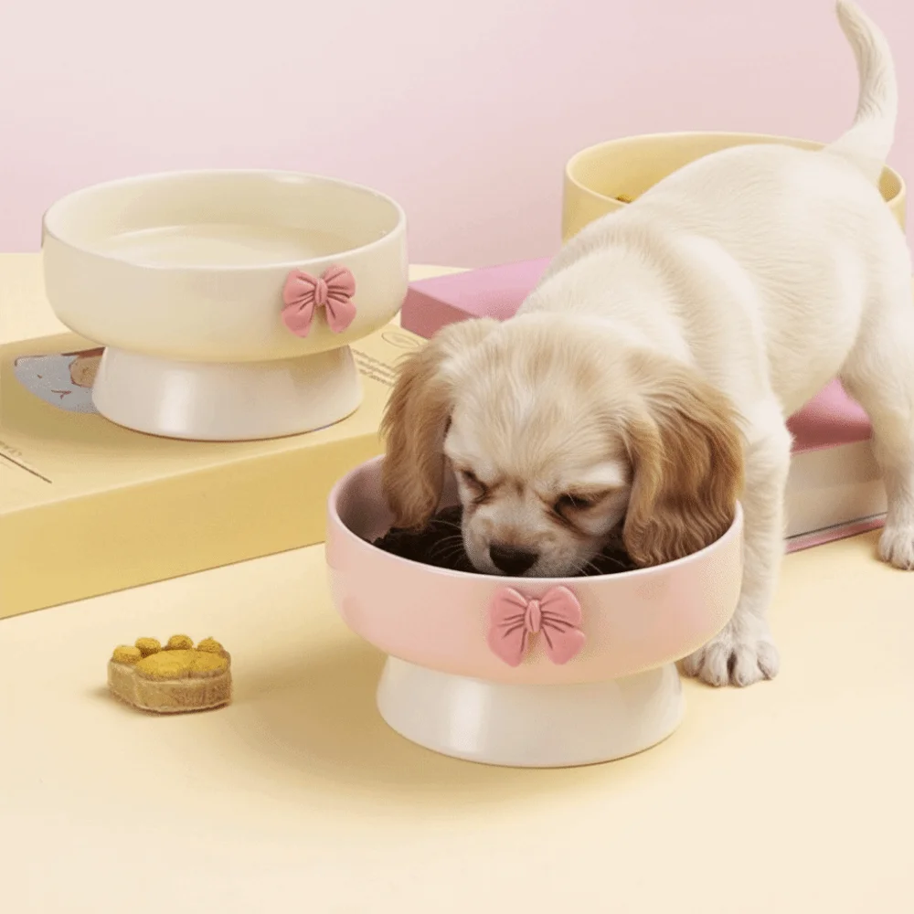 

Керамическая миска для кошек большой емкости, цвета макарон, нескользящая основа, приподнятая миска для домашних животных с бантом, миска для кормления домашних животных для щенков кошек