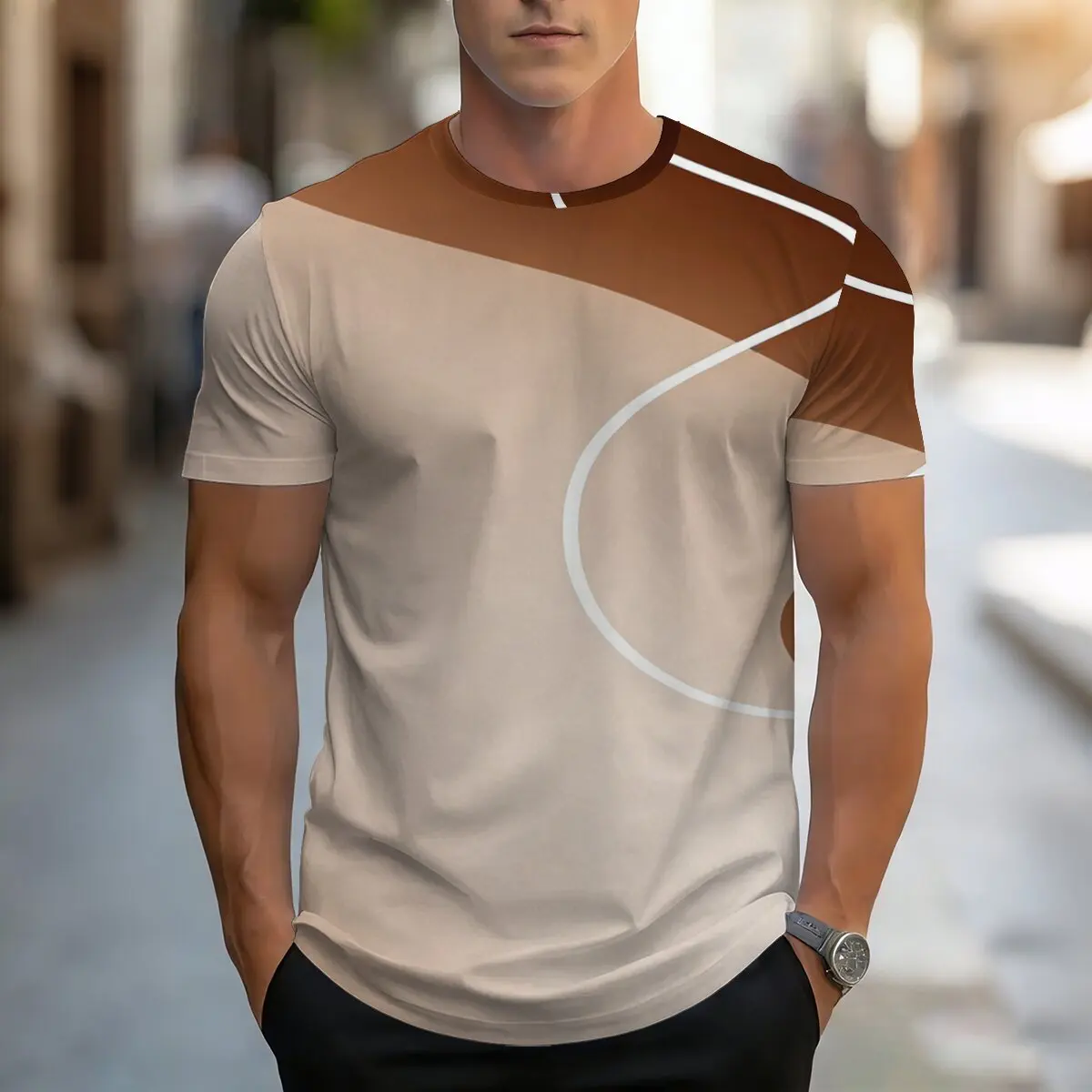 Sommer-Herren-Kurzarm-T-Shirt mit Rundhalsausschnitt, Farbblock-Design, Lässig, Stilvoll, Vielseitig, Personalisiert aus Polyesterfaser