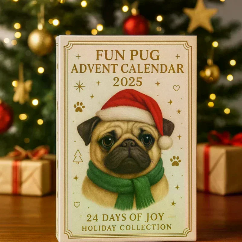 Calendario dell'Avvento carlino 2025, calendario dell'avvento natalizio da 24 giorni con simpatici ornamenti pendenti per cani carlino, regalo di festa per gli amanti dei cani