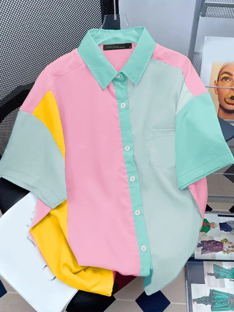 เสื้อเชิ้ตผู้หญิง ZANZEA รุ่นใหม่ล่าสุดประจำปี 2025 เสื้อเบลาส์แขนสั้นลายปะต่อสีตัดกัน คอปก ทรงหลวม ใส่ทำงานได้