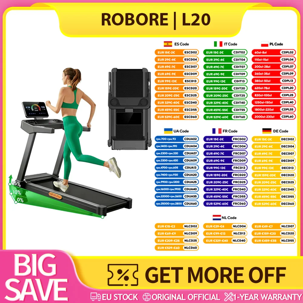 Caminadora ROBORE L20, Motor sin Escobillas de 3.5HP, Inclinación Ajustable del 15%, Velocidad de 14 km/h, Carga Máxima de 180 kg, Banda de Correr de 40×107 cm, Pantalla LED y Pasamanos con Sensor de Ritmo Cardíaco, Sistema de Absorción de Impactos Multicapa para Protección de Rodillas, Superficie de Correr Extra Ancha y Fácil Almacenamiento