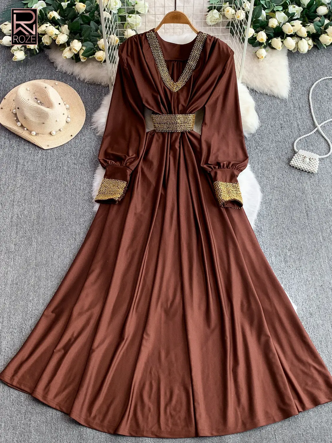 

Женское платье макси с V-образным вырезом и бисером, французское, легкое, роскошное, элегантное, для светских мероприятий, весна-осень, с завышенной талией, расклешенное, изящное