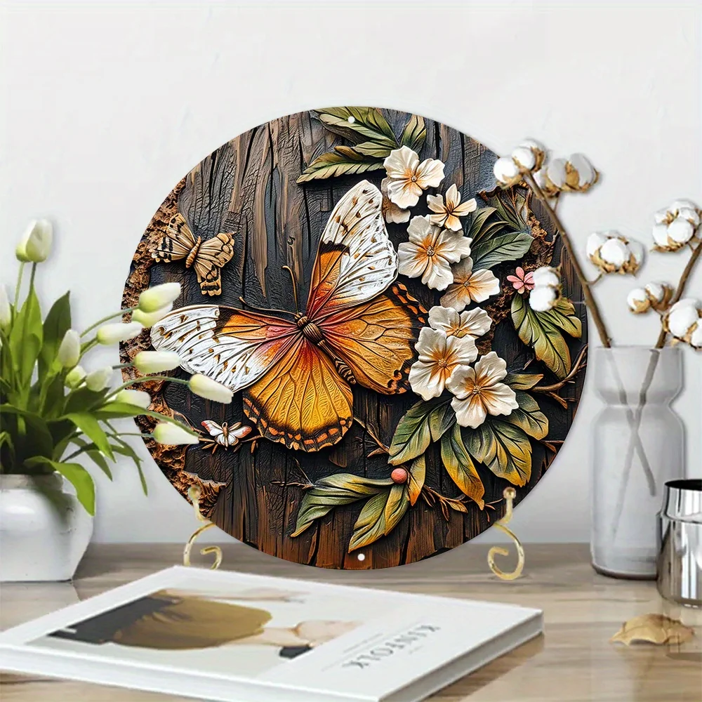 

Aluminum Sign, Faux Wooden Carved Painted Circular Wreath Sign, Garden Decoration Fathers Gifts Butterfly Themed Decoration