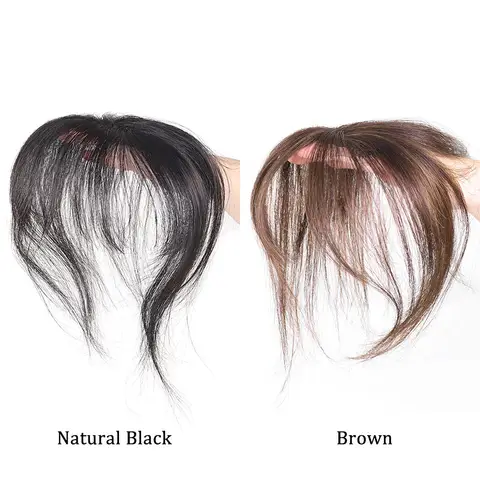 Flequillo francés fino con Clip para mujer, cabello humano Real, flequillo de aire con patillas, postizo negro y marrón para uso diario