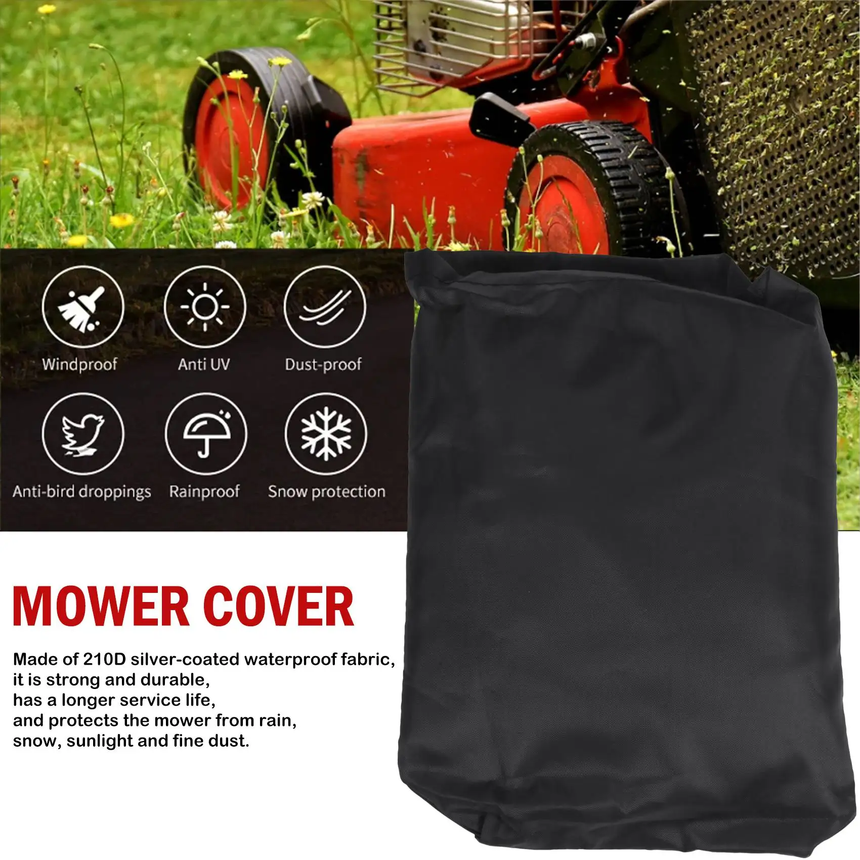 F-T 193X63.5X112cm Black Universal Waterproof Lawn Mower Rain Cover Garden Overall Size Drawstring Weather Protection