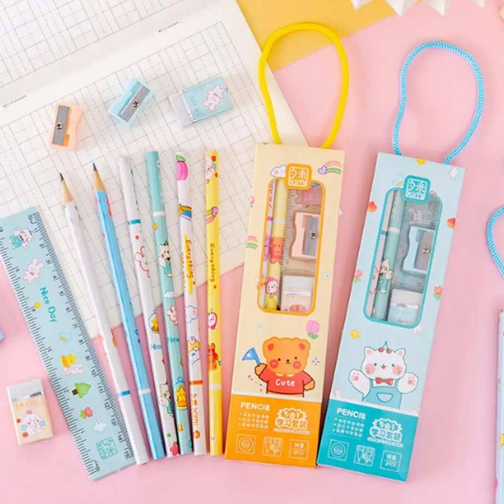 5 in 1 Cute Cartoon Pencil Set Portable Stationery Set for Kids Gift Pencil Eraser Sharpener Ruler School Supplies